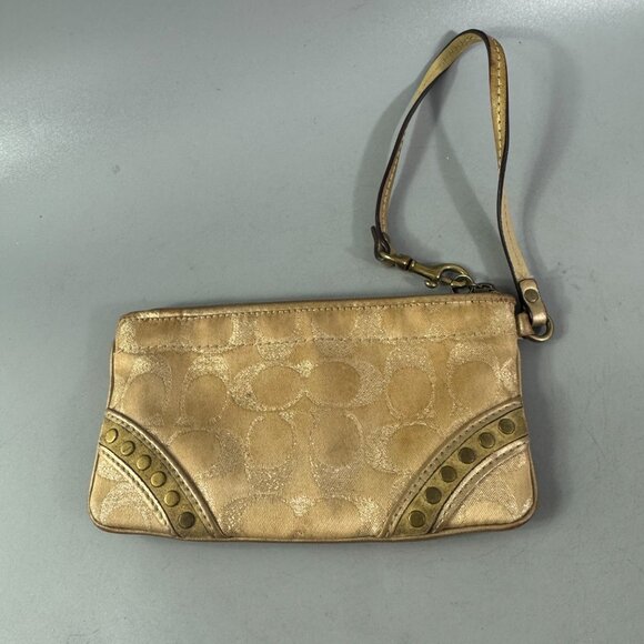 Coach Gold Tan Wristlet Clutch Signature Logo W/ Studs Canva Leather Purse - Picture 5 of 13